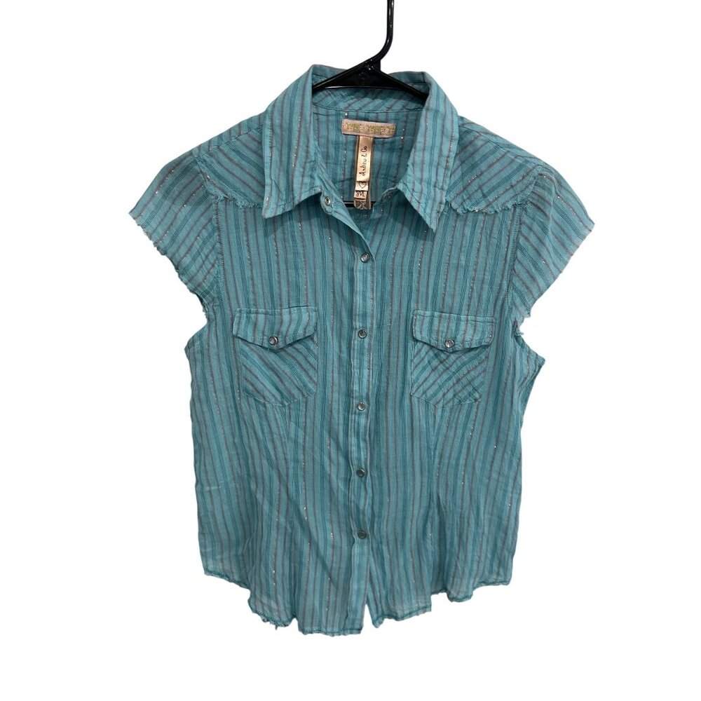Andrew & Co Metallic Striped Snap Front Western Shirt Blue Sz Medium Ranch